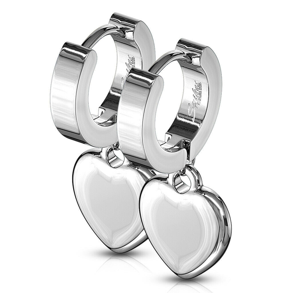 Pair of Hinged Hoop Earring with Heart Dangle Stainless Steel 20 gauge