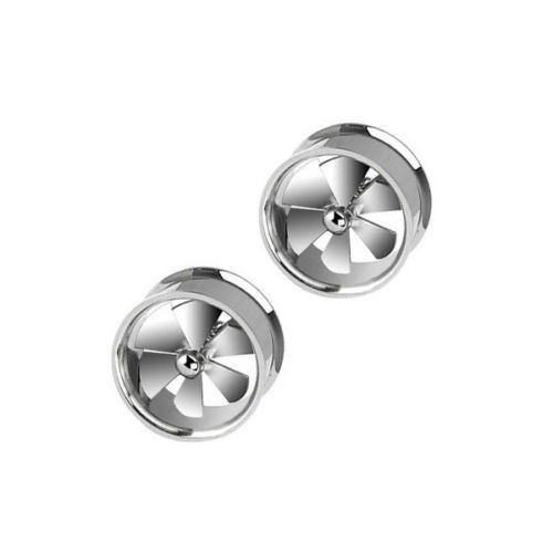 Pair of Spinning Fan Steel Ear Plugs - 0 Gauge to 1 Inch