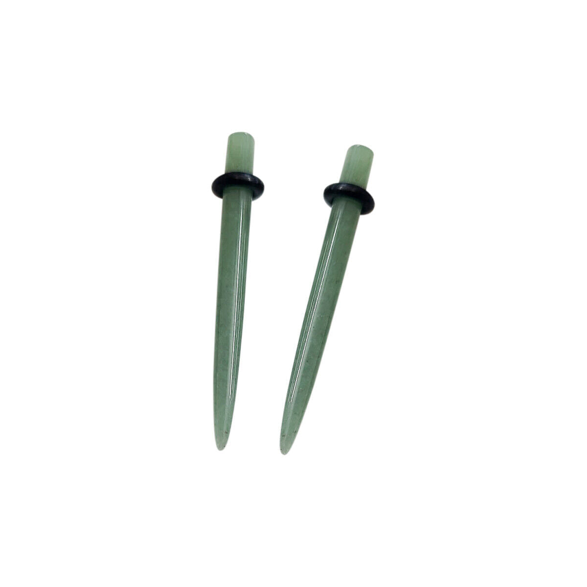 Pair of Green Jade Semi Precious Solid Stone Natural O-Ring Straight Ear Tapers