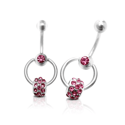 Belly Button Ring with Pink Cubic Zirconia Door Knocker Design 14 Gauge 7/16