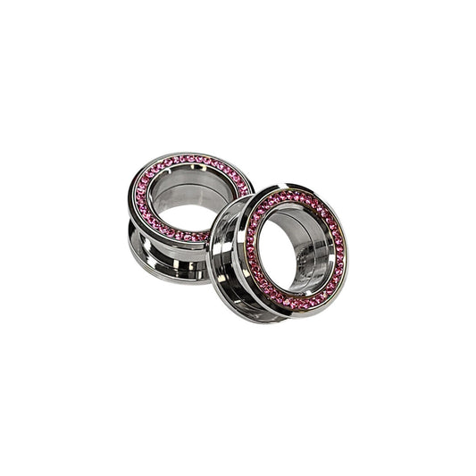 Pair of Screw Fit Surgical Steel Flare Tunnels with Press Fit Pink CZ Jewels