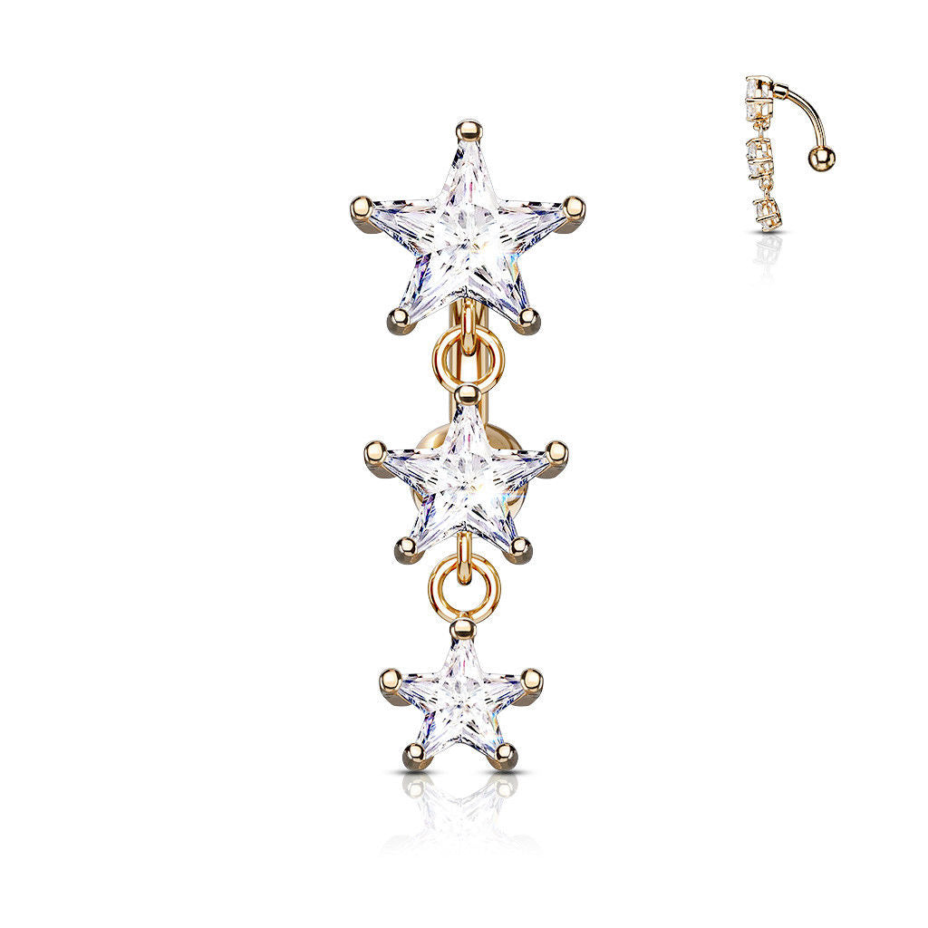 Belly Button Ring Reverse Design with Three Prong Set Star CZ Vertical Drop