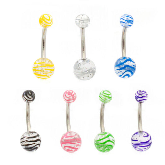 Belly Rings Acrylic with Assorted Stripe Design Pack of 8 14 ga Surgical Steel