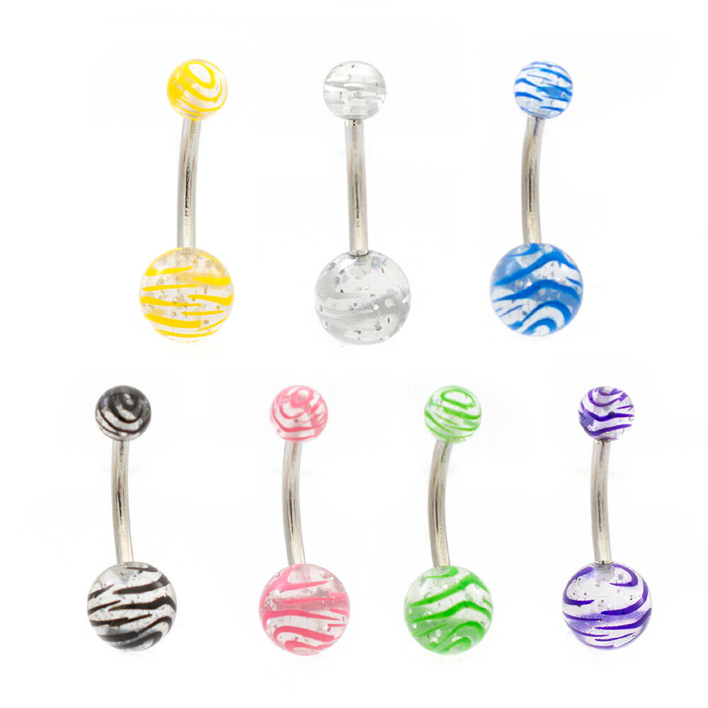 Belly Rings Acrylic with Assorted Stripe Design Pack of 8 14 ga Surgical Steel