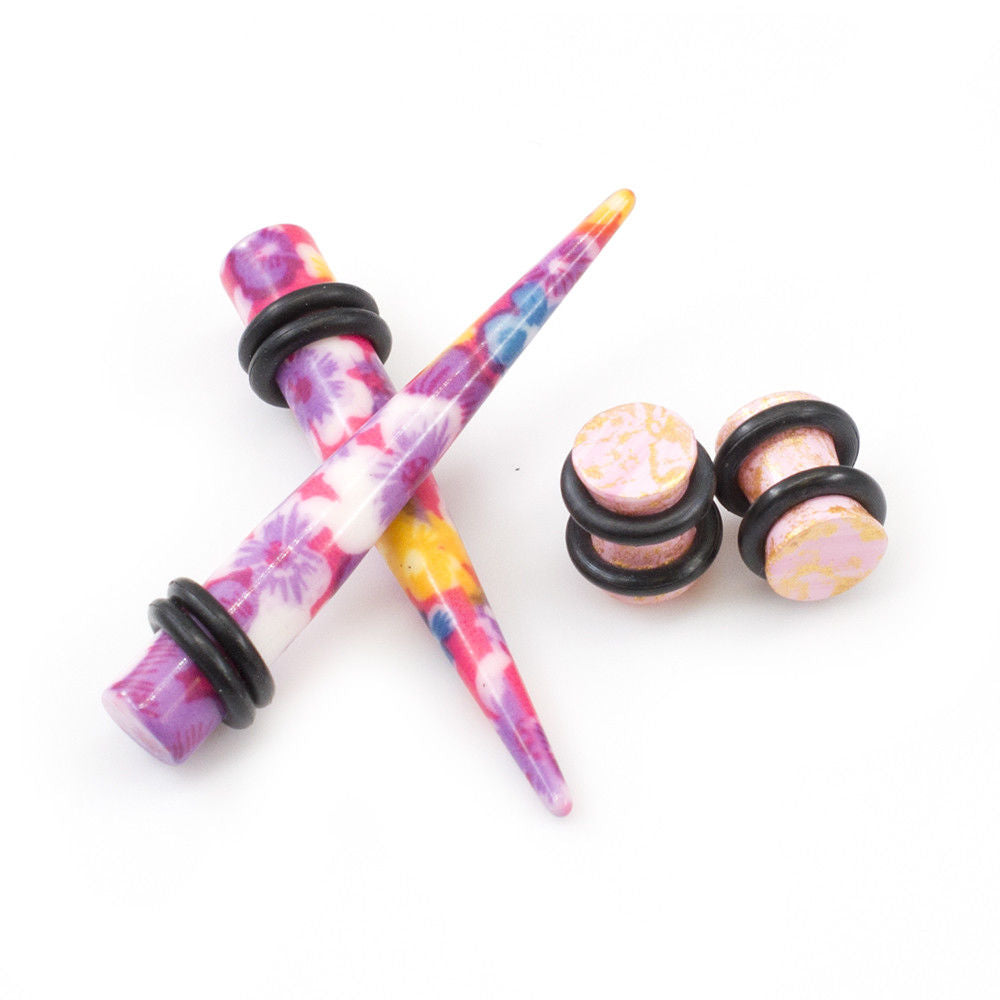 Ear Plugs with Tapers Stretching kit Colorful Flower Design with O rings