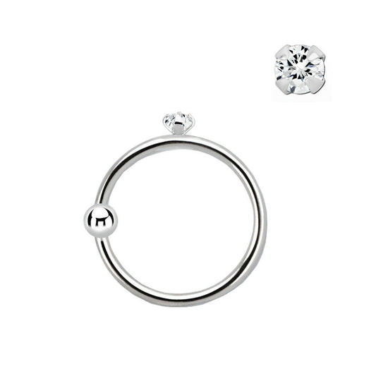 Nose hoop ring 22g 14k solid white gold with a fixed bead and a prong setting