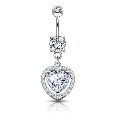 Belly button Ring 14kt Solid Gold Heart Dangle with Heart Shaped Solitaire CZ