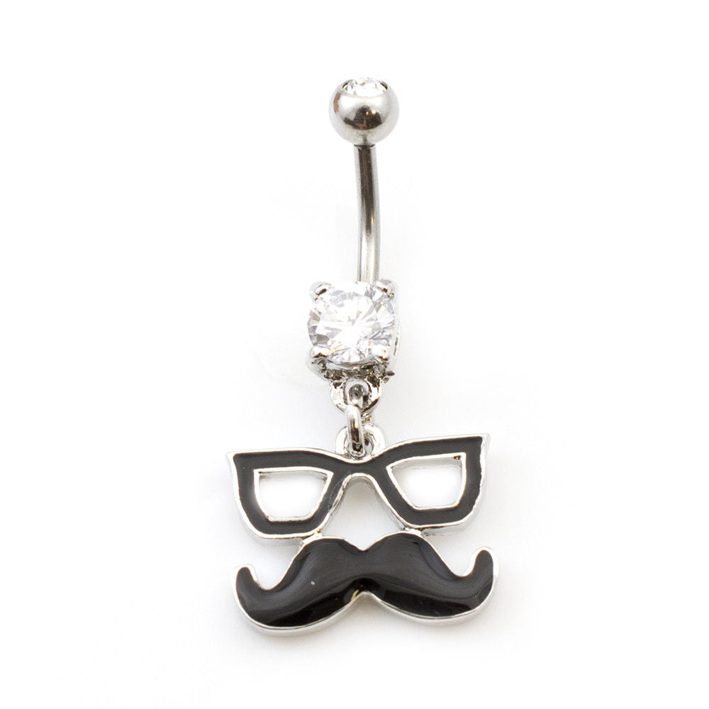 Navel Ring with Glasses and Mustache Design feature with Cubic Zirconia Stone