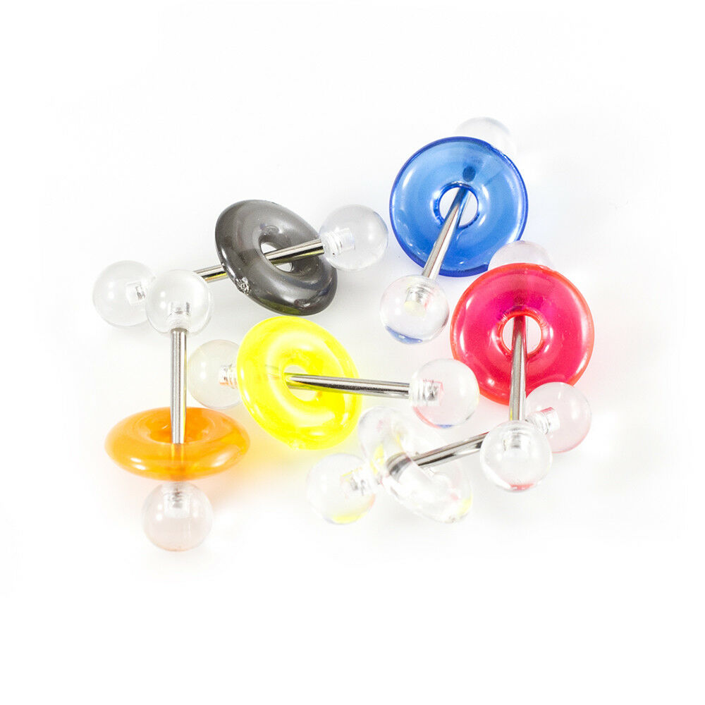 Pack of 6 316L Tongue Straight Barbells,Acrylic Clear Balls & Color Doughnut 14G
