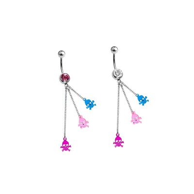 Belly Navel Ring Dangle CZ Jewel Triple Colorful Skull Charms Surgical Steel 14g