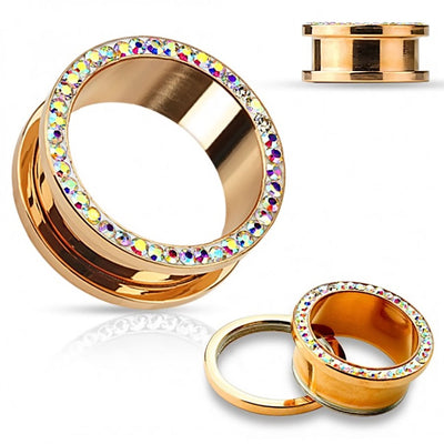 Rose Gold Ion-Plated Ear Plugs with CZ Crystals - 10G - 1"