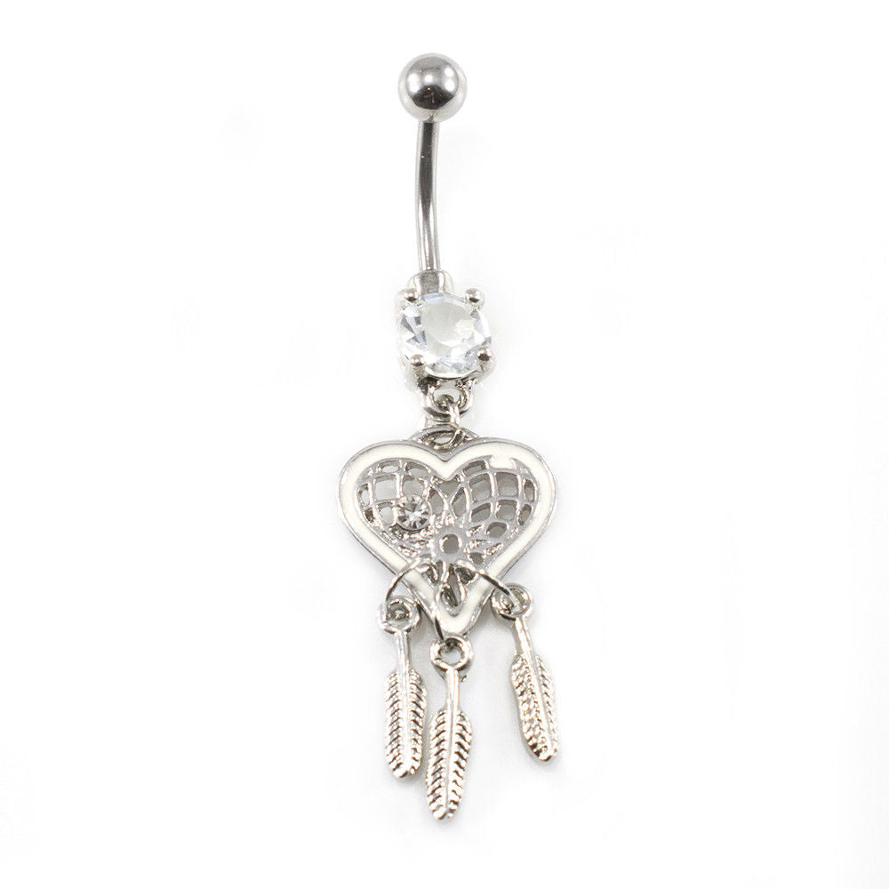 Belly Button Ring 14ga With Dangling Heart Dream Catcher and multiple CZ gems