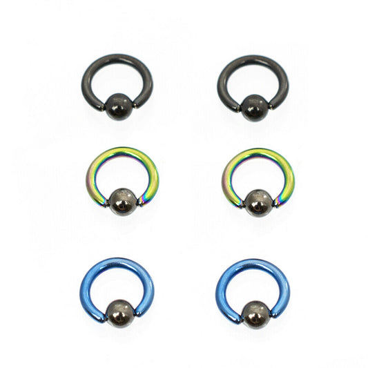 Mini Captive Ring Pack of 6 Colorful Anodized Titanium with Hematite Ball 14g