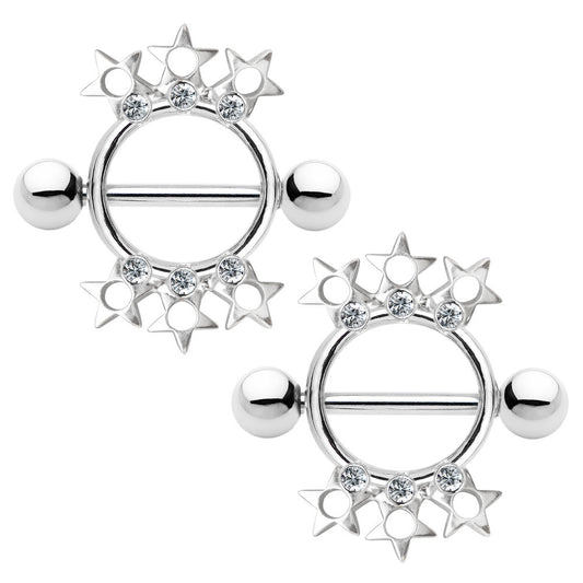 Nipple Piercing Shield - Pair of Star and CZ Design Nipple Shields - 14ga 316L