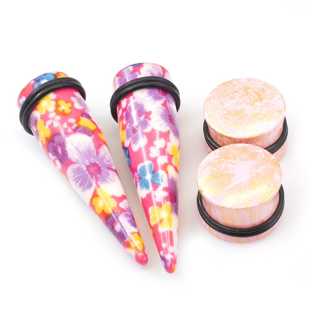 Ear Plugs with Tapers Stretching kit Colorful Flower Design with O rings