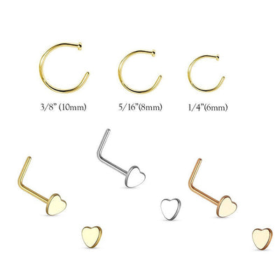 6-Piece Nose Piercing Package, 3 nose rings and 3 Heart Design nose Stud