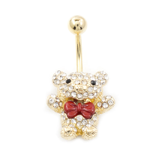 Navel Ring with Teddy Bear Design with Red Bow and Multiple Cz 14G Gold IP