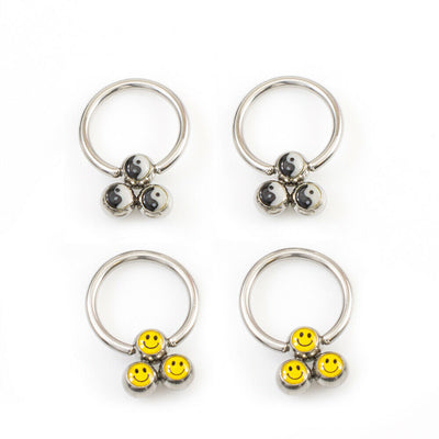 Nipple Ring package of Captive ring two pairs with Smiley Face and Yin Yang 14g