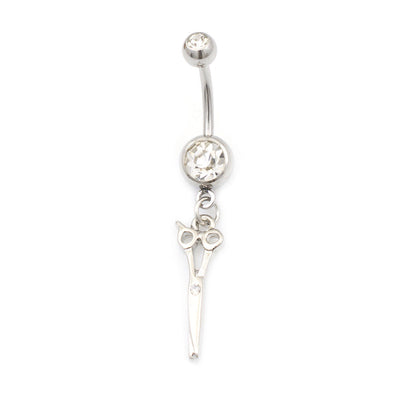 Belly Button RIng with seizors Dangle and Cz Jewels 14g