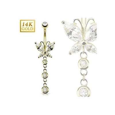 14K Gold Navel Ring Butterfly Marquise CZ w/ Triple CZ Dangle- Solid Yellow Gold