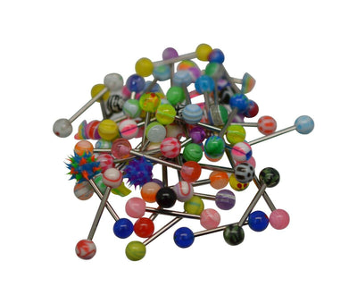 Random 50 PCS Tongue Straight Piercing Barbells Acrylic & Surgical Steel 14g