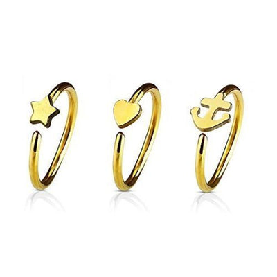 Nose Ring 20G 3-Pack Heart Anchor & Star Hoop Rings Cartilage Piercing Jewelry