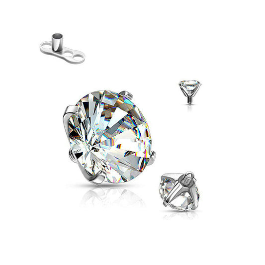 Dermal  anchor Clear Round CZ Top Prong Setting with base Surgical Steel