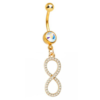 Gold Ion-Plated Dangle-Style Infinity Belly Ring with CZ Gems