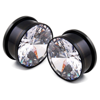 Pair of Small Gauge Black Anodized Titanium Ear Plugs with CZ Gem Screw-Fit