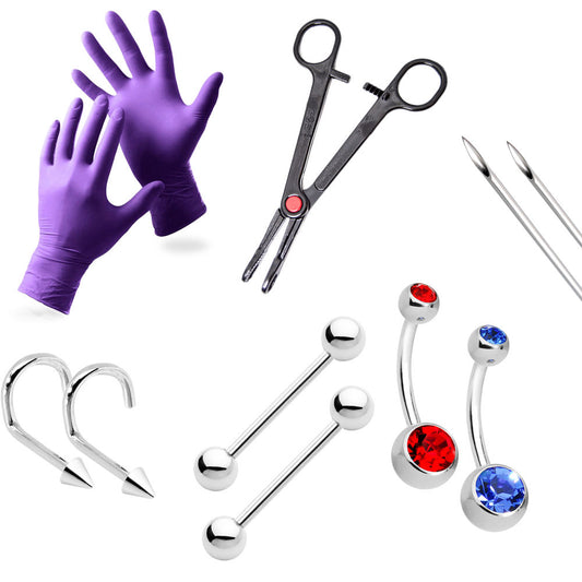 10-Piece Professional Piercing Kit - 100% Titanium Jewelry + Tool,Needles,Gloves