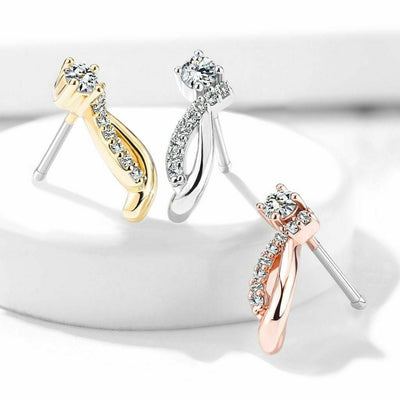Nose Stud Ring Round CZ and Crawling Lined CZ Curves Surgical Steel 20ga