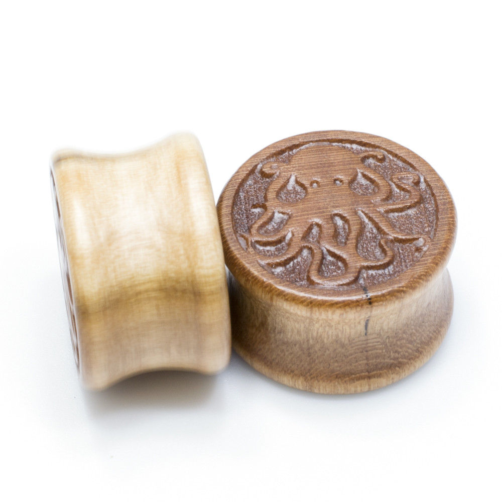 Pair of Organic Cherry Wood Octopus Saddle-Fit Ear Plugs - 00 Gauge to 3/4" Inch