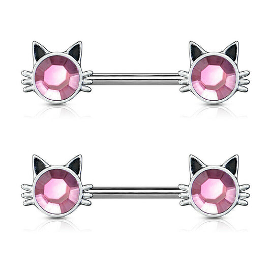 Pair of Nipple Barbell Rings Cat with Pink Stone Set Ends Design Surgical Steel