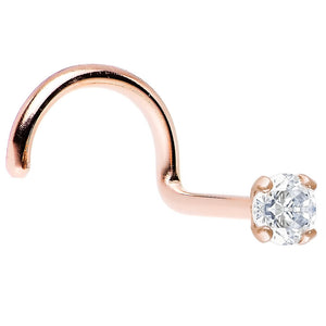 14K Solid Rose Gold 20ga Nose Screw with 2mm Prong-Set Clear CZ Gem
