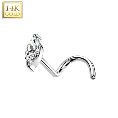 Nose Screw Rings With Marquise CZ top 14K solid gold 20G fit most nose piercings