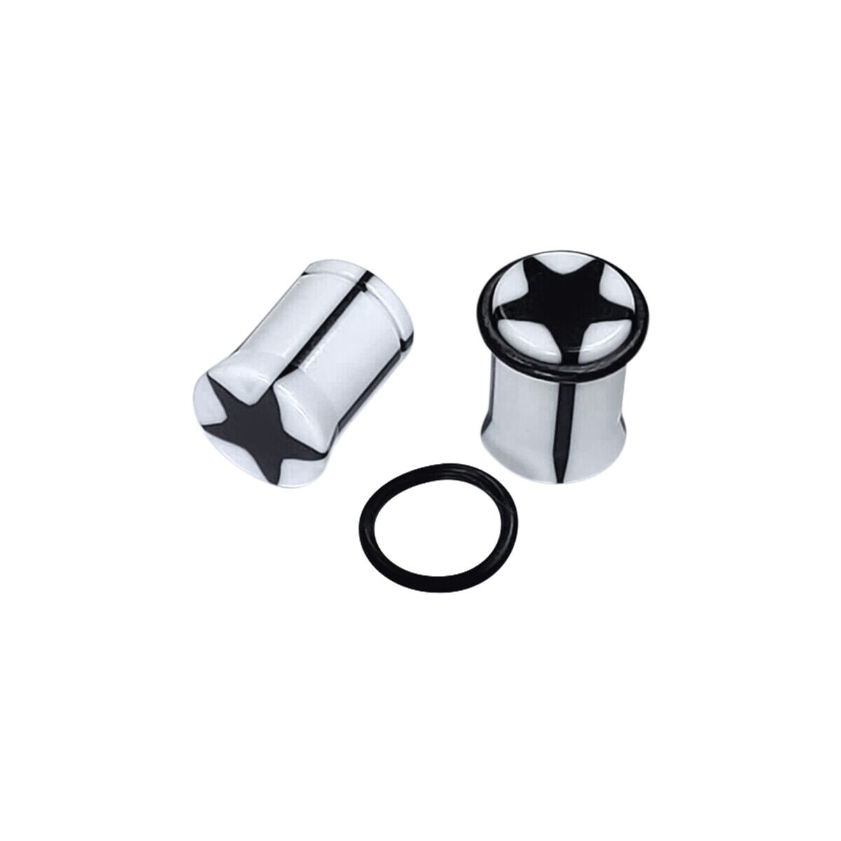 Pair of Ear Plugs Acrylic O-ring Black Star Design - Different gauges available