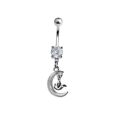 Belly Navel Dangle Clear CZ Gem Crescent Moon with Dove Bird Charm 14g