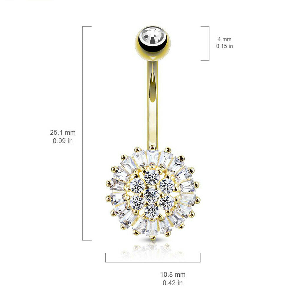 Navel Ring 14 Karat Solid Gold with Clear CZ Sunflower 14ga