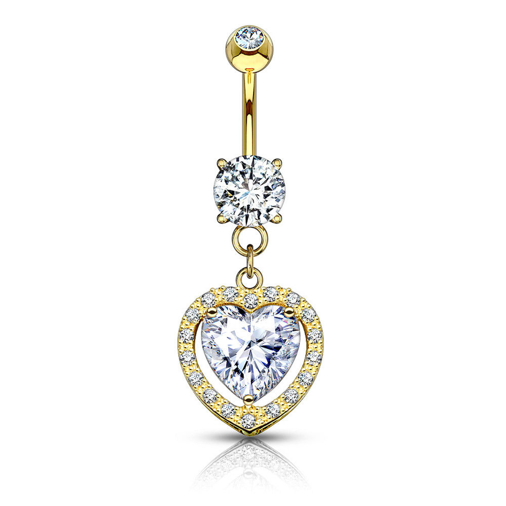 Belly button Ring 14kt Solid Gold Heart Dangle with Heart Shaped Solitaire CZ