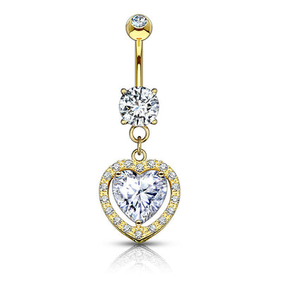 Belly button Ring 14kt Solid Gold Heart Dangle with Heart Shaped Solitaire CZ