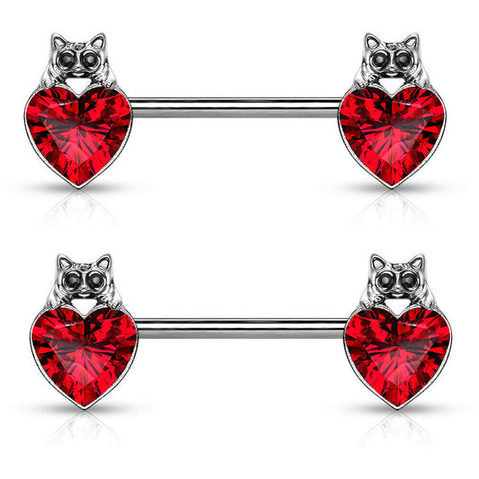 Pair of Nipple Barbell Rings Cat with Black Crystal Eyes over Heart Design 14g