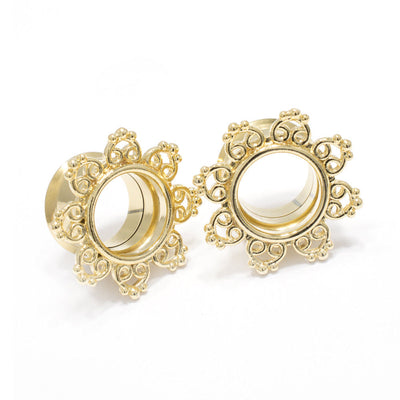 Pair of 14K Gold Plated Ear Piercing Tunnels Tribal Hearts Filigree Design