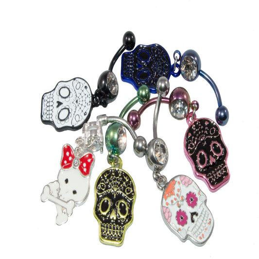 Belly Rings Dangling Sugar Skull Pack of 6 Assortment Colors and Design 14G