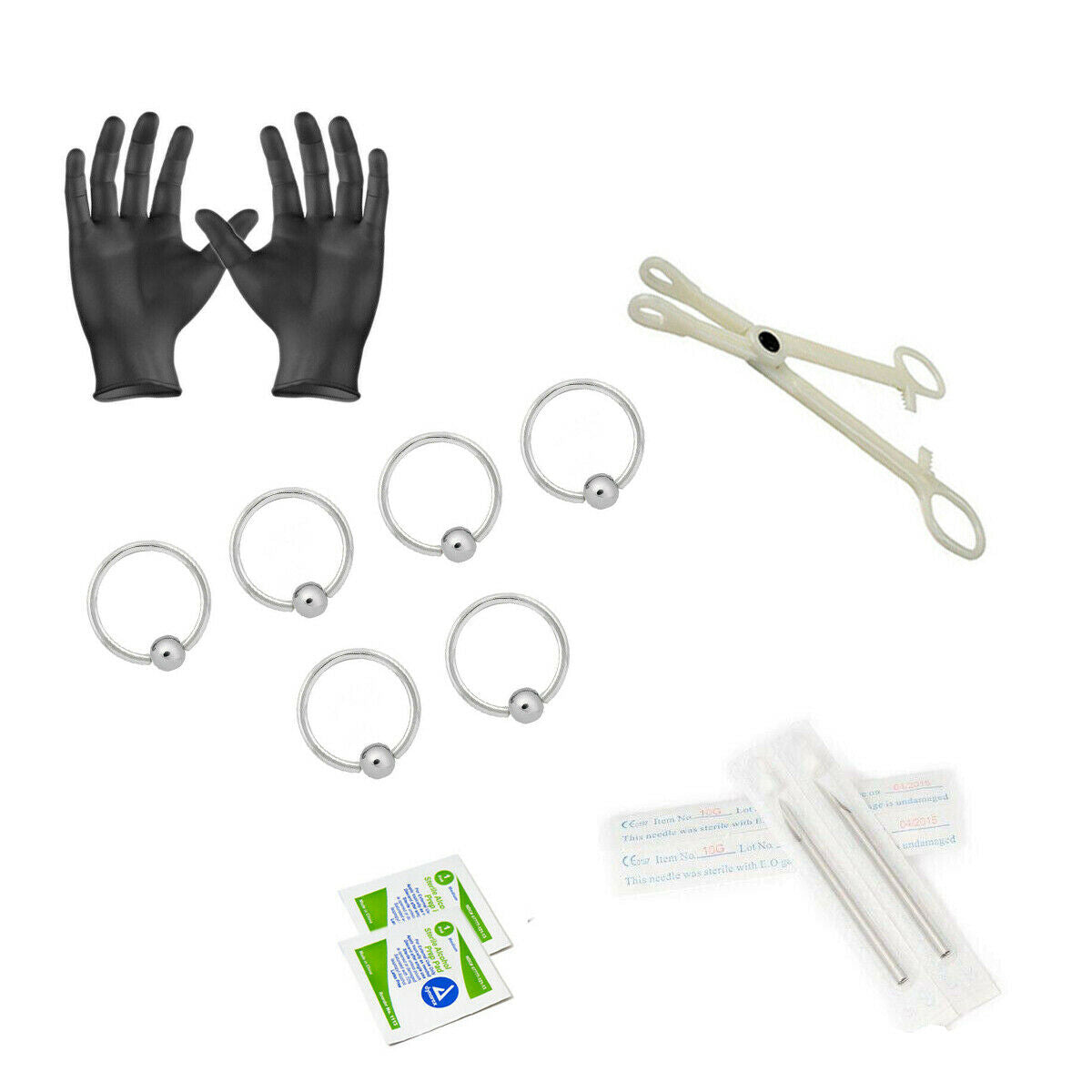 12-Piece Captive bead Piercing Kit - Includes (6) 14g Captive bead rings, (2) Needles, (1) Forceps, (2) Alcohol Wipes and a Pair of Gloves