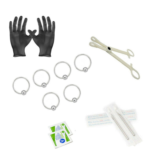12-Piece Captive bead Piercing Kit - Includes (6) 14g Captive bead rings, (2) Needles, (1) Forceps, (2) Alcohol Wipes and a Pair of Gloves
