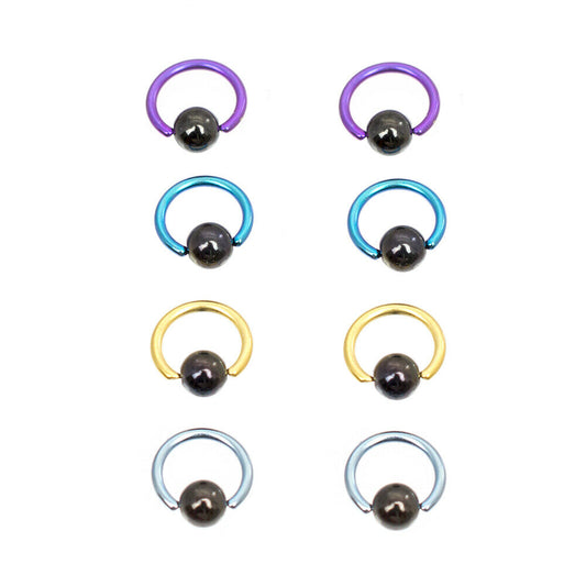 Mini Captive Ring Pack of 8 Colorful Anodized Titanium with Hematite Ball 18g
