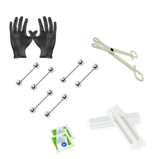 12-Piece Barbells Piercing Kit - Includes (6) 14g Barbells, (2) Needles, (1) Forceps, (2) Alcohol Wipes and a Pair of Gloves