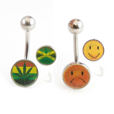 Pair of Lenticular Belly Ring Emoji Happy-Angry and Pot leaf - Jamaican Flag 14g
