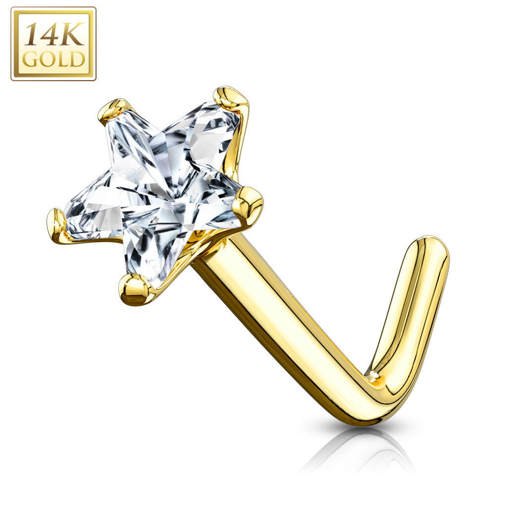 Nose Ring L-Bend with Prong Set Star CZ Made of 14Kt Gold 20g