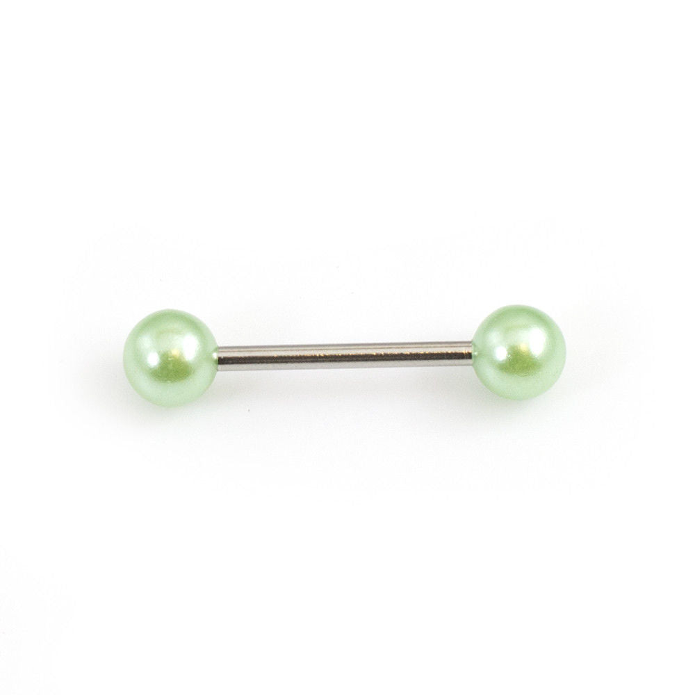 Tongue Barbell with Faux Synthetic Pearl Acrylic Designed Balls 14ga 15mm Length